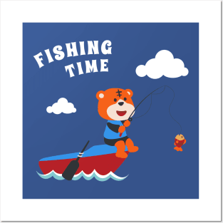 Vector cartoon illustration of cute tiger fishing on sailboat Posters and Art